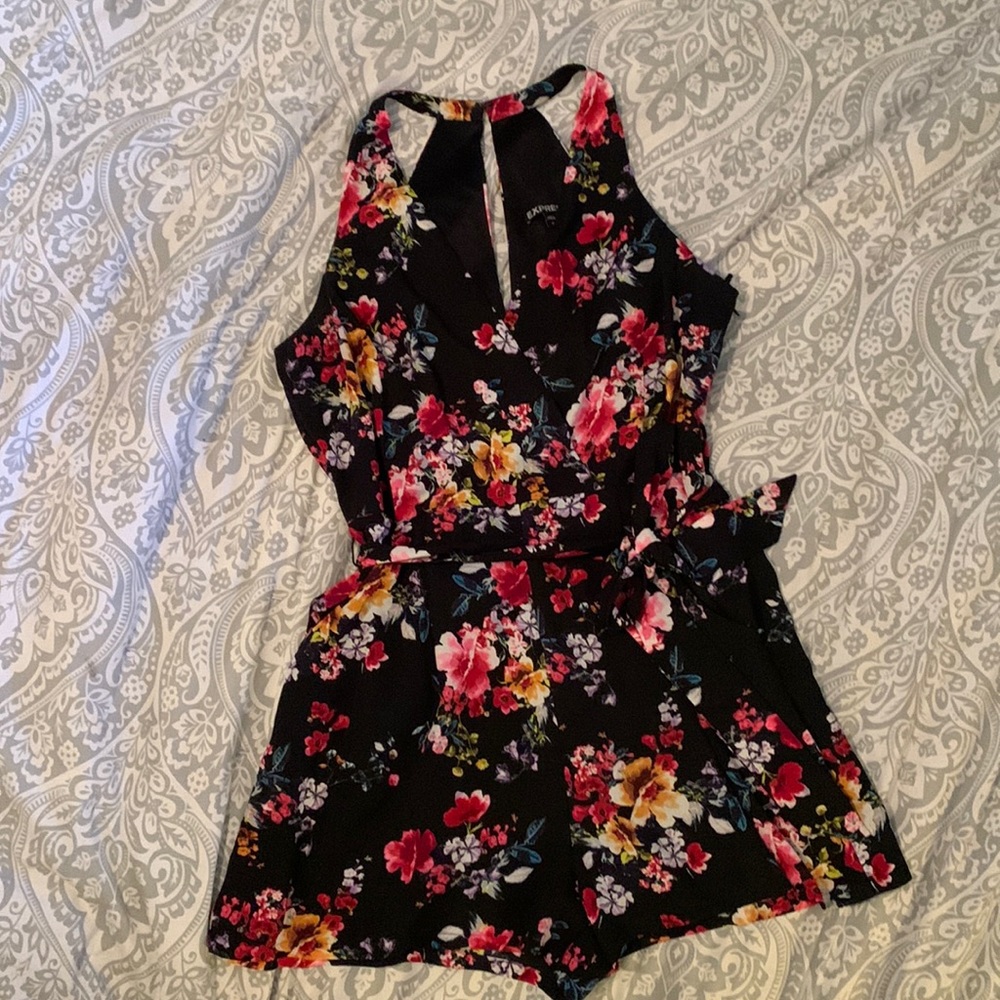Black Floral Surplice Halter Romper